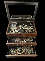 Sterling & Gem Stone Jewelry Collection Of Rings, Bracelets And Earrings In Lift-Top 2-Drawer Jewelry Box