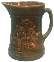 Large Antique Brown Glazed Yellowware Ale Beer Grog Pitcher With Sea Captain