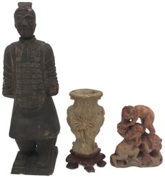 3 Pcs Chinese Arts, Clay Soldier (8.5'H)and 2-carved Soapstones Vase & 3-Monkeys
