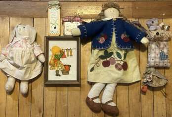 7 Pcs Hand Crafted - Rag Doll 18' X 12' & Rabbit, Framed Crewel Work And Others