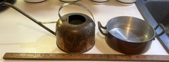 2 Pcs Vintage Copper & Brass - Watering Can, 6' Diam. X 12.6' X 6'H & 2-Handled Pot, 7-1/8' Diam. X 9.75' X 3'