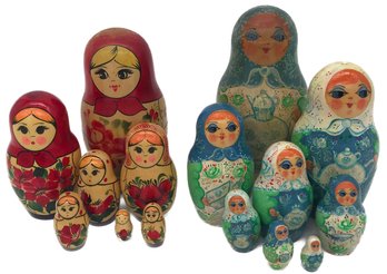 2 Sets Vintage Russian Neting Dolls, 1-8 Pcs & 1-7 Pcs, Tallest 6.5'H