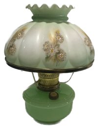 Antique Electrified Gone WIth The WInd Style Hurricane Lamp With Hand-Painted Enameled Floral Shade