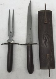 Vintage 3 Pcs Carving Set, Knife & Fork In Carved Wooden Sheath, Marked India, 17.75'L