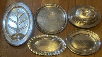 5 Pcs Vintage Silver Plate Serving Trays, Footed Meat Tray 16.75' X 12