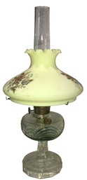 Antique Oil Lamp With Hand-Painted Enameled Floral Design Uranium Custard Glass Shade