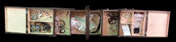 Large Collection Of Sterling And Gem Stone, Cinnabar, Amber Jewelry In Wooden Multi-Fold-Out Crafter's Box