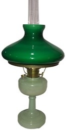 Antique Kerosene Oil Lamp With Green Case Glass Shade And Pale Green  Custard Glass Base