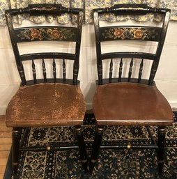 2 Vintage Classic Black And Natural Stenciled Kitchen Chairs, Hitchcock