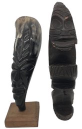 2 Pcs Carved African Designs, 1-Horn Face/Headand 1-Pottery Crouchin Man(Chip Under Chin)