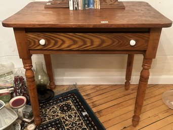 Antique Oak Single Drawer With White Porcelain Knobs Work Table With Turned Legs, 30' X 19' X 27.5'H