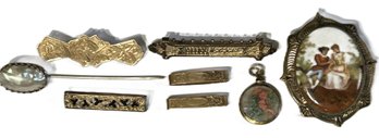 8 Pcs Antique Mostly Edwardian Bar And Collar Pins, Pendant, Stick Pin & Hand Painted Porcelain Brooch