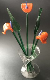 6 Pcs Hand Blown Glass Callalily Vase With 5 Floral Or Leaf Cocktail Stirrers, 7.25'H