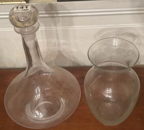 2 Pcs Vintage Clear Glass Ship's Decanter 7.5' Diam. X 12'H & Clear Vase