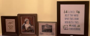 4 Pcs Vintage Framed Cross Stitch 'Lord Rest Thy Hand' Cross Stitch,15' X 19'H & Pious Lady & Others