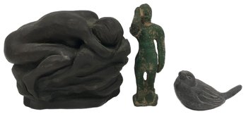 3 Pcs Vintage, 1-Bronze Nude Female, 5.5' X 4' X 4', 1-Metal Male Fertility Statue, & Metal Bird