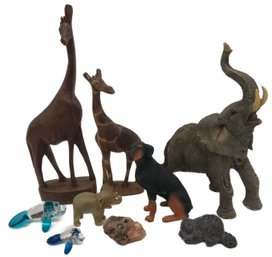 9 Pcs Various Animals Of Various Material, Wood, Glass, Stone, Resin, Porcelain, Tallest 9'H