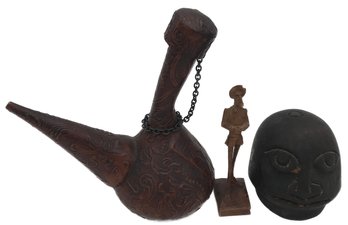 3 Pcs Tooled Leather Wine Decanter,10' X 11', Wood Carved Don Quixote & Carved Wood Face