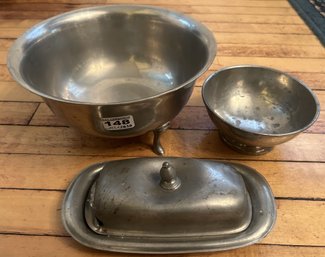 3 Pcs Pewter - Tri-Footed Pewter Bowl, 9' Diam. X 5.25'H, Smaller Bowl,5.5' Diam. & Covered Butter
