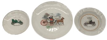 Two (2) Vintage Autombile & Carriage Themed Small Plates And One (1) Ashtray