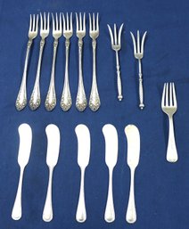 14 Pcs Sterling Lot: 8 Pickle Forks - 5 Butter Knives - 1 Child's Fork Engraved 'Judith' Total Wt. 6.84 Ozt