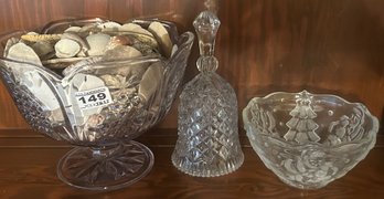 3 Pcs Pressed Glass Footed Bowl Full Of Sand Dollars, 8.5' Diam. X 6.5'H, Crystal Bell And Winter Themed Bowl