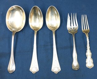 Three (3) Large Sterling Spoons - 2 Sterling Forks - Total Weight 9.41 Ozt