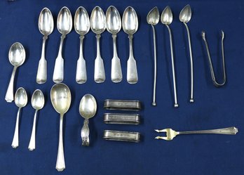 19 Pieces Sterling Lot - 14 Spoons - 3 Napkin Rings - 2 Small Serving Pieces - Total Weight 9.64 Ozt