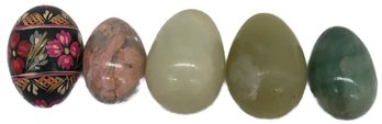 5 Pcs Eggs, 4-Polished Colored Stone & 1-Brightly Painted Wood, 1.4 Lbs