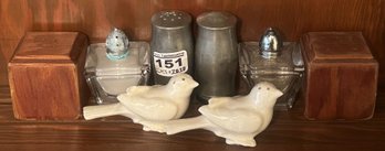 4 Sets Of Salt & Pepper Shakers, Glass &  Silver Plate, 3'H, Ceramic Birds And Wooden Cubes