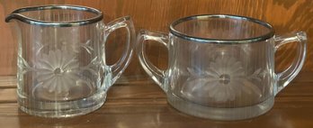 2 Pcs Vintage Sterling Rimmed Etched Crystal Creamer And Open Sugar Bowl, 3' Diam. X 5.25' X 2.5'H