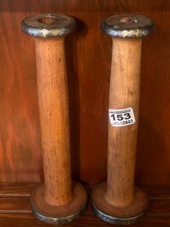 2 Pcs Antique Pair Treenware Wooden Spools, 3' Diam. X 10'H
