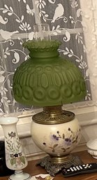 Antique Electrified Oil Lamp With Hand Painted Porcelain Font & Green Satin Glass Shade, 9.5' Diam. X 20.5'H