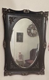 Large Black Rectangular Framed Oval Beveled Mirror With Gold Accented Applique Design, 25' X 34'H