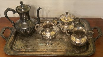 5 Pcs Vintage Silver Plate Coffee Service, Pot, Spooner, Covered Sugar, Creamer And Tray, 23.5' X 13.5'