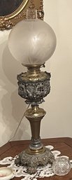 Electrified 2-Metal (Silver & Brass) Banquet Lamp With Daffodil Etched Shade, 6' Diam. X 31'H