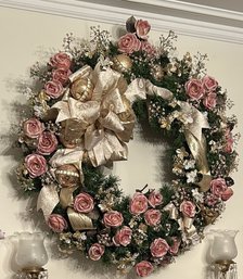 2 Pcs Vintage Matching Victorian Floral Wreathes With Pink Roses, Large 29' Diam. & Medium