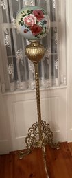 Spectacular Antique Standing Electrified Brass Piano Lamp With Hand Painted Globe, 19' Diam. X 65'H