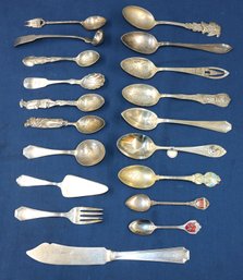 Lot Of 19 Sterling & Coin Utensils - Some Souvenir Spoons - Total Weight 10.82 Ozt