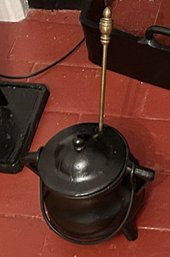 2 Pcs Antique Black Cast Iron Smudge Pot, 8' X 5' 8', With Brass Wand