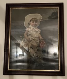 Antique Victorian Lithograph Of Girl In Bonnet In Great Walnut & Gold Insert Frame, 19.75' X 24.25'H