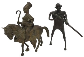 2 Pcs Metal Statues, 1-African Man On Horseback, 9' X 9' & Man Holding Rifle With Marbel Base