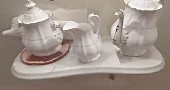 3 Pcs Antique Tea Pot Covered Sugar & Creamer, White Porcelain With Gold Accents