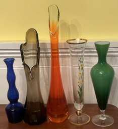5 Pcs & MCM Floral Vases, Amberina, 14'H, Cobalt, Clear Decorated, Green, And Greenish-Brown