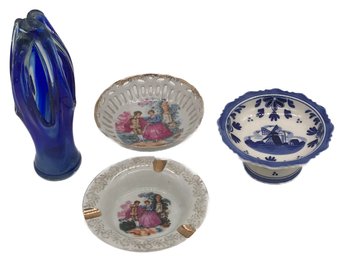 5 Pcs Vintage Art Glass 8.5'H, Delft Footed Compote, Porcelain Ashtray & Reticulated Dish