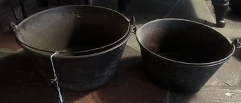 2 Pcs Antique Cast Iron Swing Handle Fireplace Cauldrons Or Pots, 1-13' Diam. X 6.25'H And 1-11' Diam.