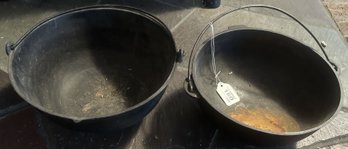 2 Pcs Cast Iron Pot And Swing Handled Pots, 1-9.75' Diam. X 4.75'H And 1-9' Diam. Wagner Ware Scotch Bow 2