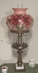 Antique Electrified Brass Banquet Lamp On Marble Stand With Hand Painted Globe & Prisms, 10' Diam. X 27'H
