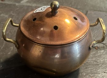 Copper And Double Brass Handle Covered Pot With Vent Holes, 5.5' Diam. X 6.5' X 5'H