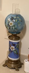 Captivating Blue Floral Antique Fluid Lamp With Hand Painted Font & Globe With Blue Floral Design, 7' X 22.5'H